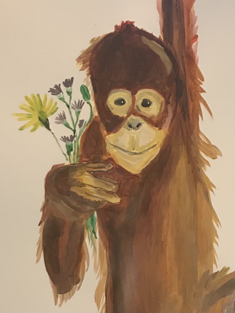 A painting of a monkey holding some wild flowers.