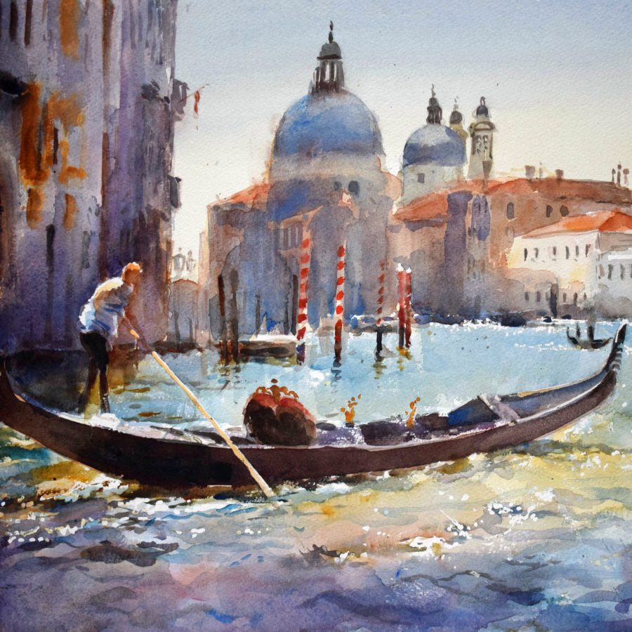 Watercolour of a gondola on the Grand Canal in Venice