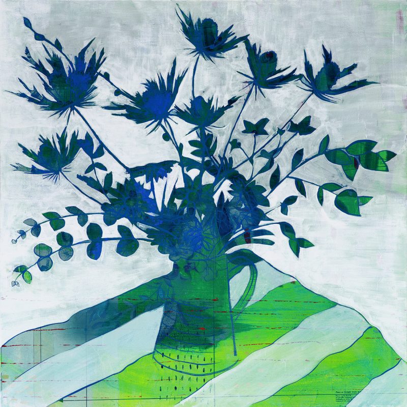 Painting of Sea Holly thistles in a jug in greens and blues
