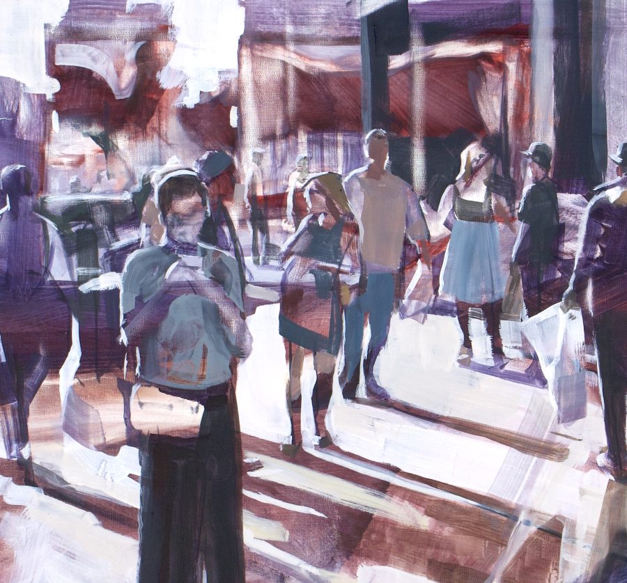 Oil on linen. Bright, multi-layered painting of people communicating