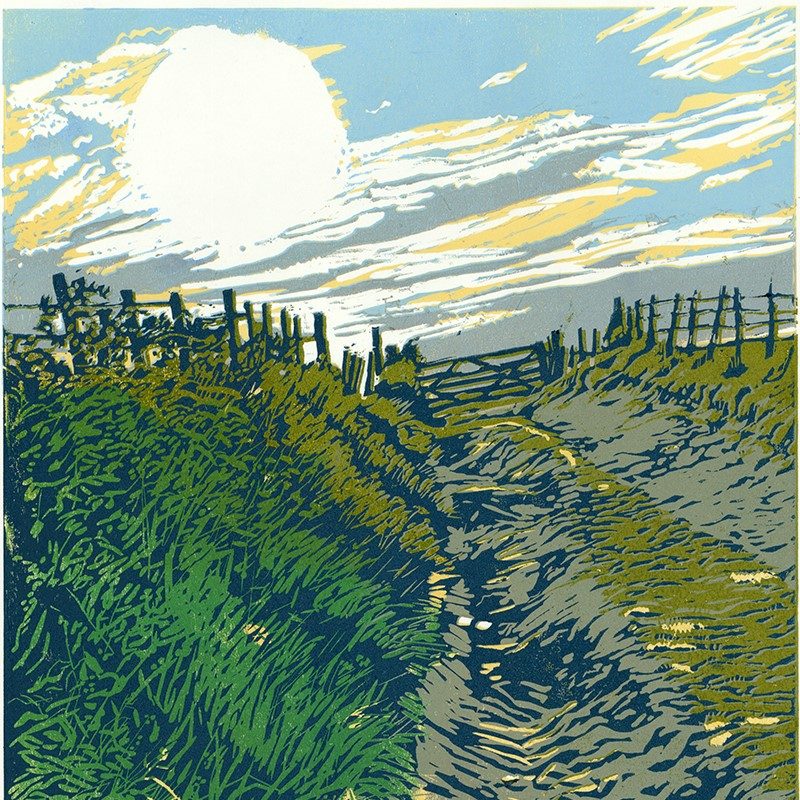 A reduction lino print looking up towards the top of Teg Down hill.