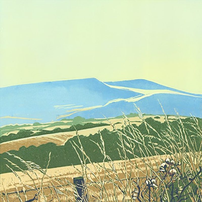 A reduction lino print of a late summer landscape, up on the Downs.