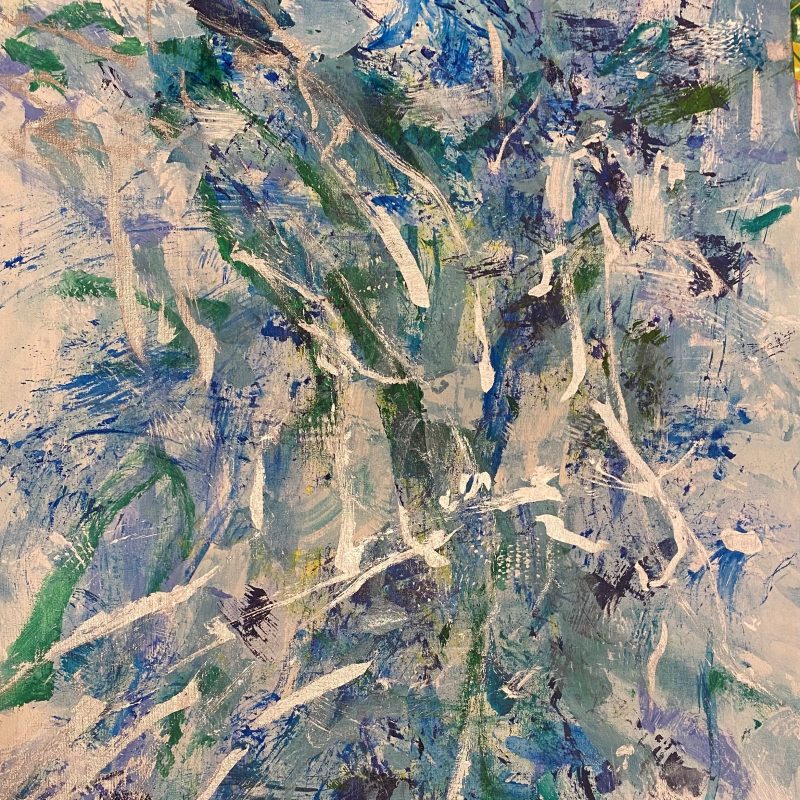 An abstract painting made with layers of paint. The colours are blues, greens, greys, violets, white and small amounts of yellow. Some layers on the painting are applied with thin layers of paint creating wash like marks, the paint has also been used more thickly in places. There is a final layer of opaque white paint applied in energetic marks across the painting.