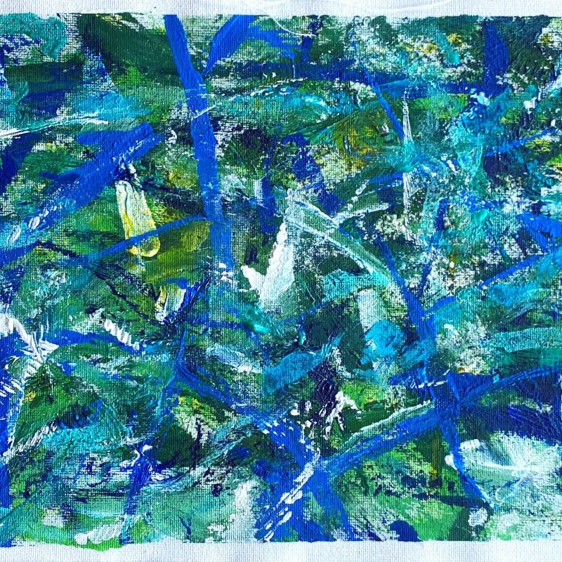 An abstract painting on canvas. The colours are a mixture of greens, blues and turquoise and white. The brush marks move across the whole canvas covering the surface completely, the colours are layered and some of the marks hold the textures of the brushes and tools used. It is possible to see the texture of the canvas through the paint.