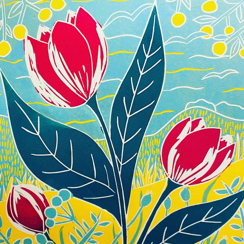 This colourful artwork is an original linoleum block print in a  limited edition of 6 which is created using the colour reduction method of printmaking.