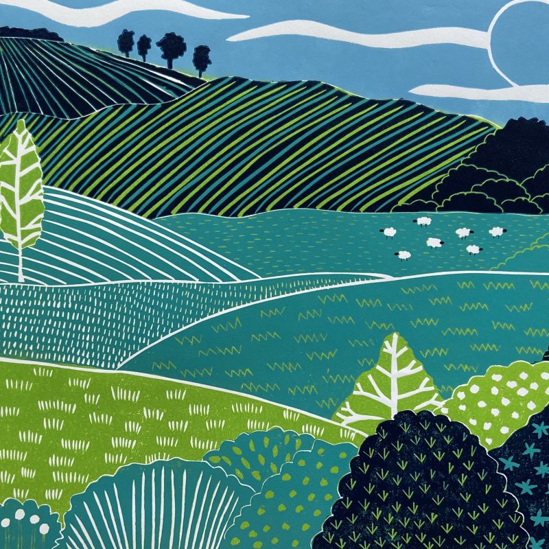 Downs Walking.  A teal, blue, green and black original limited edition linocut print.