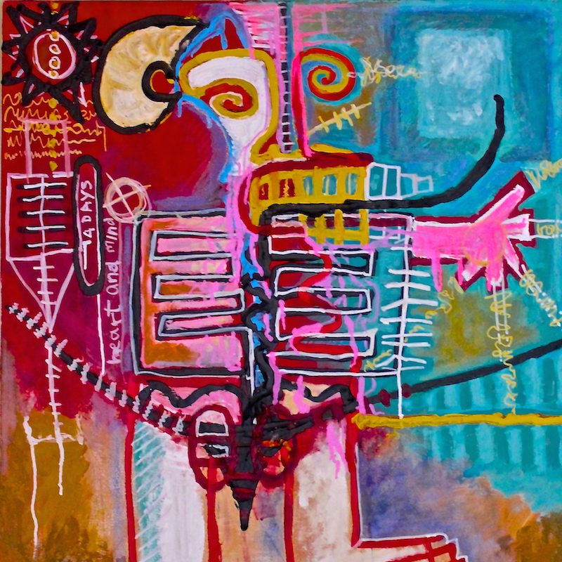 I wanted to make a painting that had a Mexican feel to it working with earth colours such as yellow ochre and   turquoise .My main influences were Picasso and Jean- Michel Basquiat. I worked with a palette knife, brushes and a sponge .