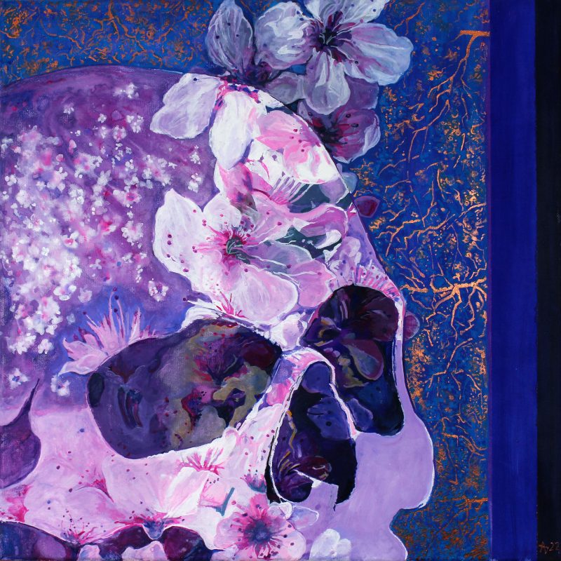 Purple skull detail overlaid with Cherry Blossom on a blue and gold background