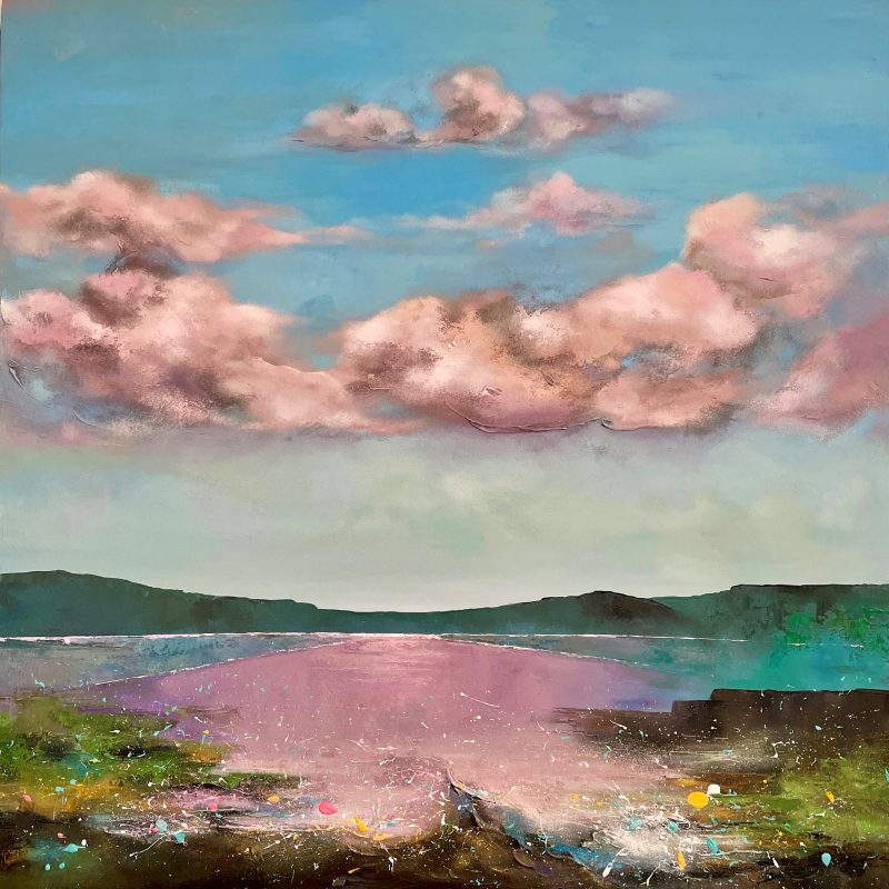 A beautiful take on the South Downs, bright blue skies, pink clouds and layers of textured paint representing the land.