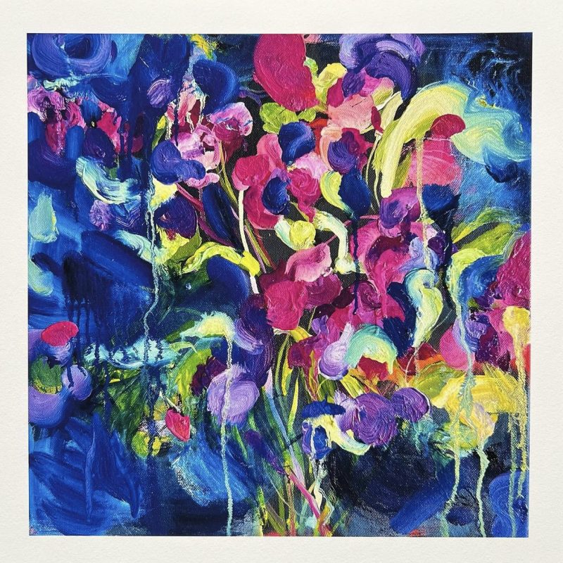 Pinks and yellows on blue botanical inspired abstract expressionist style painting.