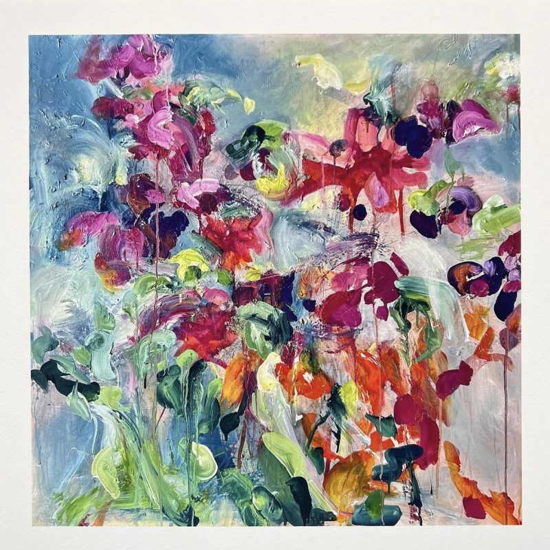 Botanical inspired multi coloured expressionist painting in reds, pinks and whites