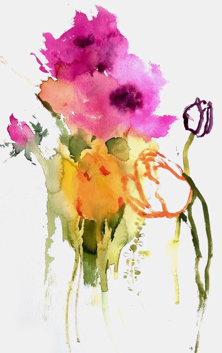 A vibrant loose watercolour depicting bright yellow tulips and pink anemones