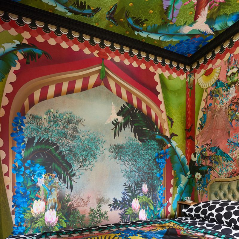 interior scene showing textiles and wallpaper Sarah Arnett home