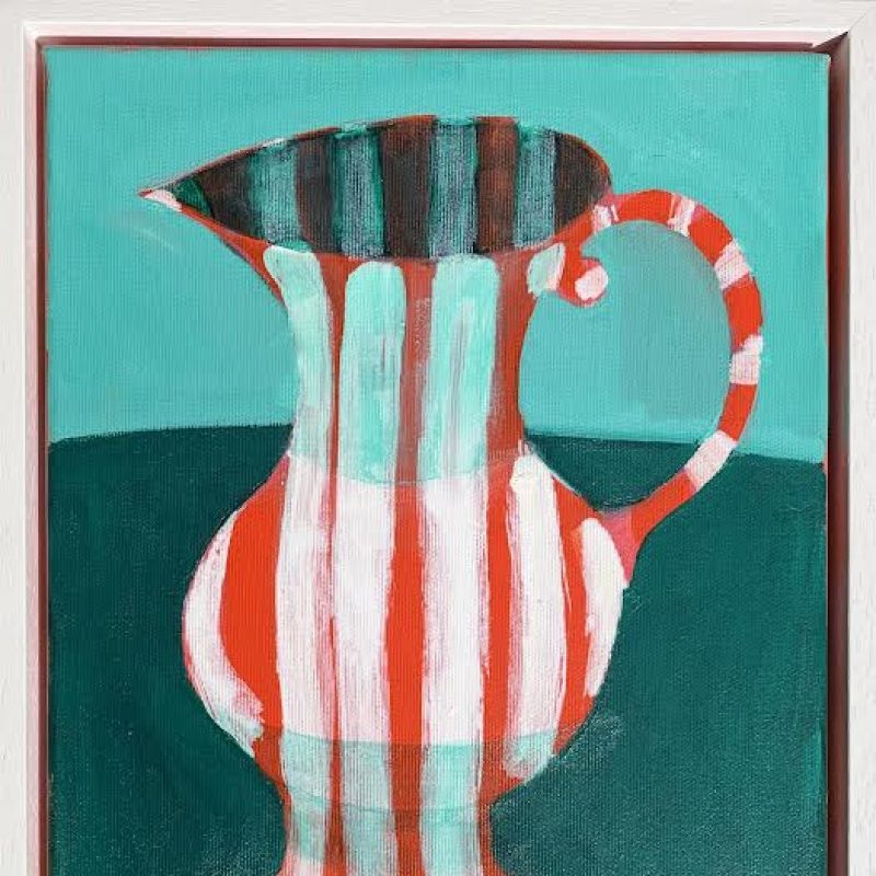 Painted striped  red and white jug on a canvas with a light blue background. 