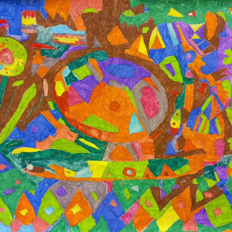 Assortment of multi-coloured shapes fused together