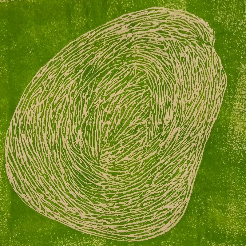 Like a large thumbprint on a green background