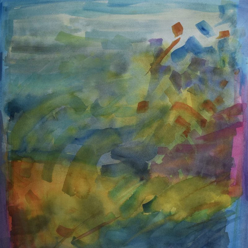 This watercolour painting started off in the colours of lichen with pale green at the top and yellow in the centre but then it got taken over with broad brush strokes on top that look like dashes creating a slightly circular rotating movement with piks and cobalt blue to the right of the painting and yellow and orange in the centre with blues and greens dashed over the top.