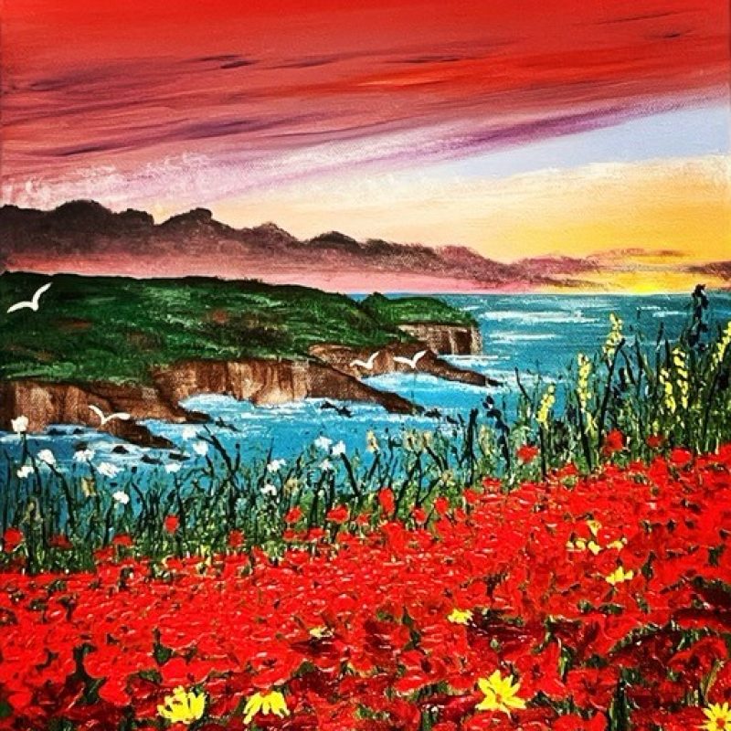 Poppies with a coastline backdrop 