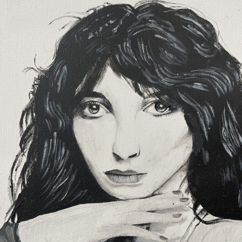 A black and white portrait painting of Kate Bush. She has a serious expression, looking straight back at the viewer. Her hand is carefully placed under her chin.