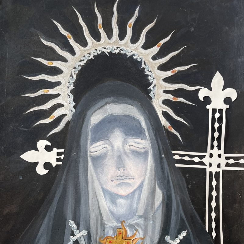 A mixed media portrait of a nun, holds a red heart with knives going into the heart. She is opainted predominantly in black, white a grey and the surface of her face looks like stone. Her eyes are closed and she has an intricate halo above her head.  