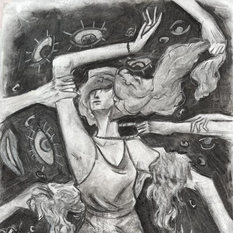 Charcoal drawing of a women looking distressed. Arms surround her, pulling from all directions. Her hair cascades over her shoulders and eyes surround her in the back ground space. 