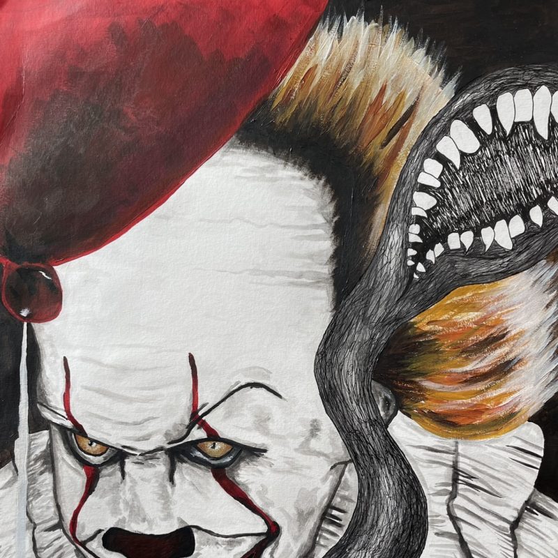 A portrait of the It Clown appearing to be eating a snake monster with teeth. The painting of the clown is textured with dry brushing , predominantly in black and white, but dramatic contrasy of orange in the hair. The monster is detailed in fine pen with scales and teeth.