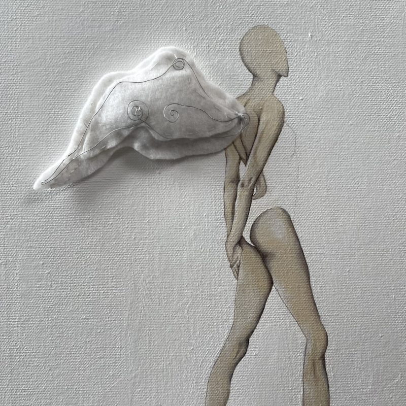 A faceless dancer with angle wings is walking away. Accurate flesh tones enhance the shape and form of the figure. The Angel wings are made of felt and wire and lift from the surface of the painting.