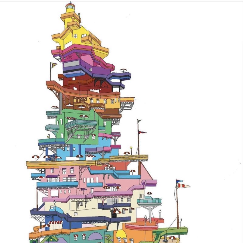 A digital drawing of colourful boats all placed on top of each other, like levels to a building. The building is lifted on a pier like structure over water, with smaller boats surrounding. 