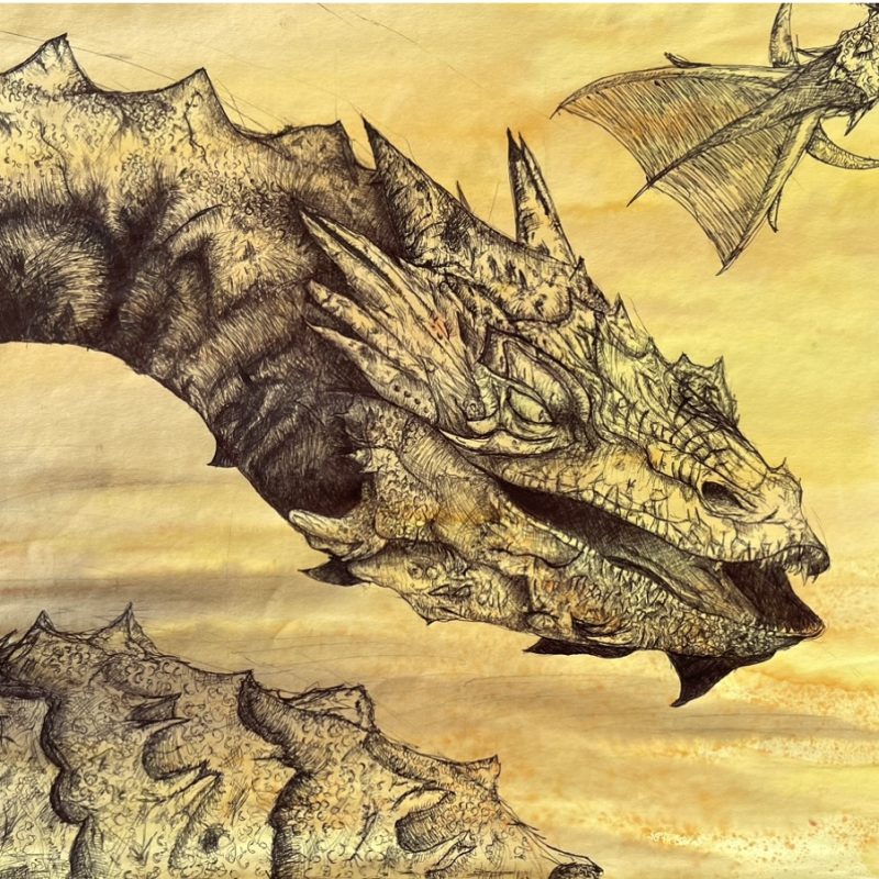 A detailed ink drawing of a dragon, over a washed yellow and brown background