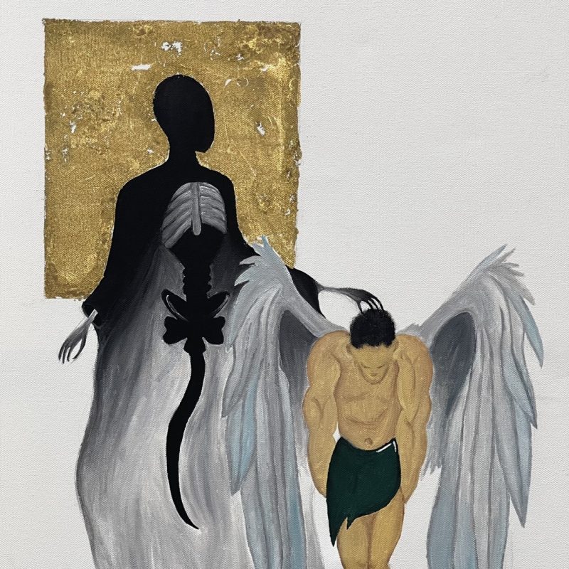 A figure composition of two, set behind a gold leaf panel. One appears to be an Angel with blue, grey angle wings, behind hovers a black half skeletal figure with cloak.