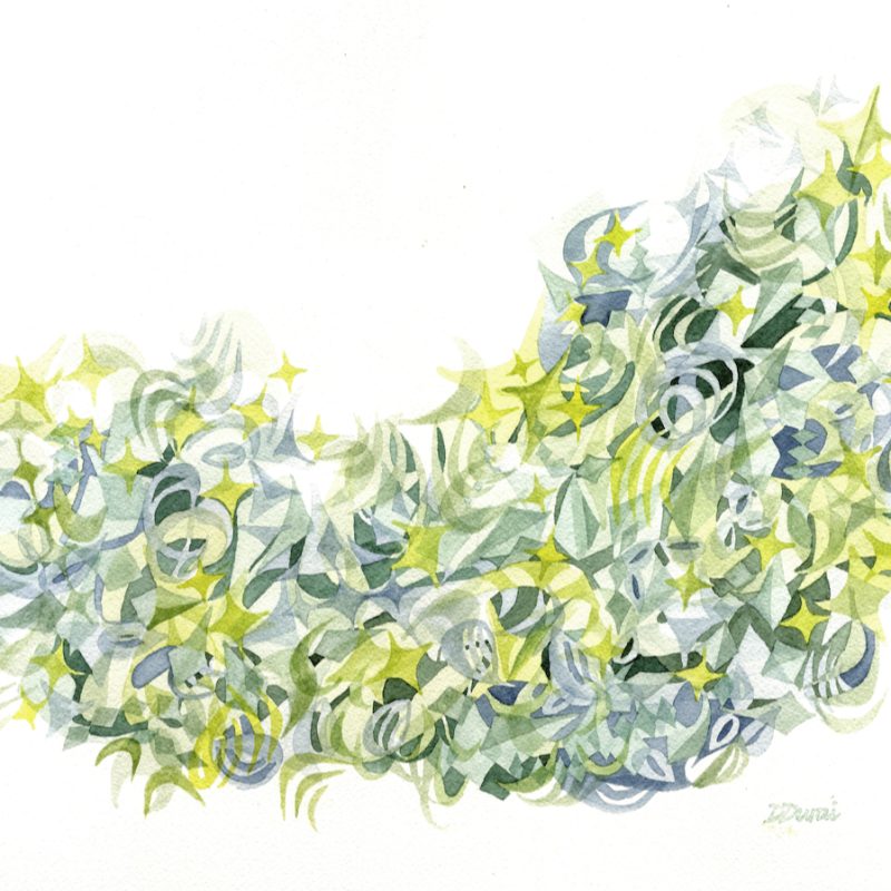 An abstract watercolour painting in shades of grey, green and blue-green evoking the growth and colours of the lichens: Ramalina Faranacea and Flavoparmelia caperata