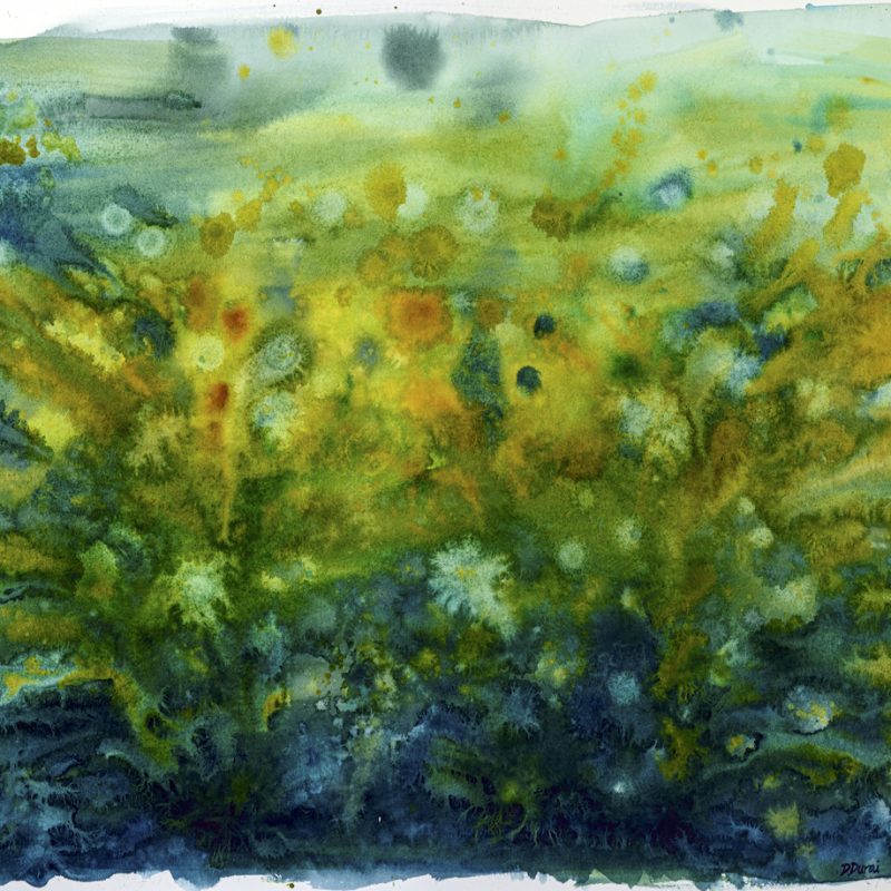 This large abstract watercolour painting is inspired by the colours of lichen and is in shades of green and grey and yellow. It is lighter at the top and darker on the bottom. The colours are rich with dots and splotches of paint blooming onto the wet paint below, evoking the blooms of lichen found on the pavement and elsewhere.