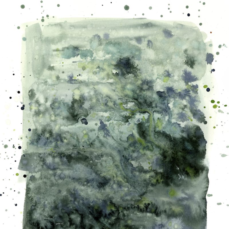 A watery abstract painting in shades of blue, green and grey, the paint has bloomed evoking the blooms of lichen and the way it grows. The colours are a light bluey, grey-green on top and become dark towards the bottom of the painting.