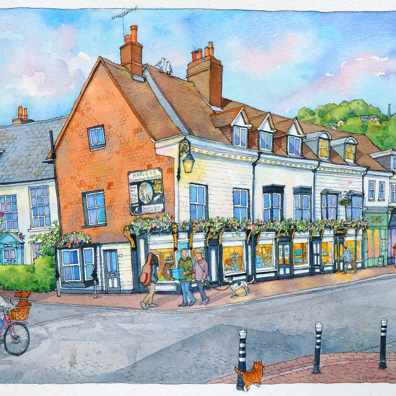 A quirky and colourful inked in line drawing of the Harveys Brewers Shop in Lewes.