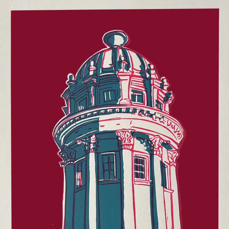  A lino print of the Pepperpot building with a deep red sky, blue shadowing and bright pink detailing