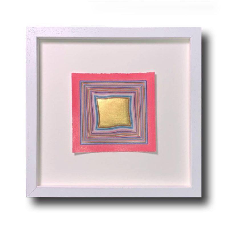 Small original drawing with 23K Gold Leaf accent in candy colors with bold pink featured.. Embossed detail adds dimension
