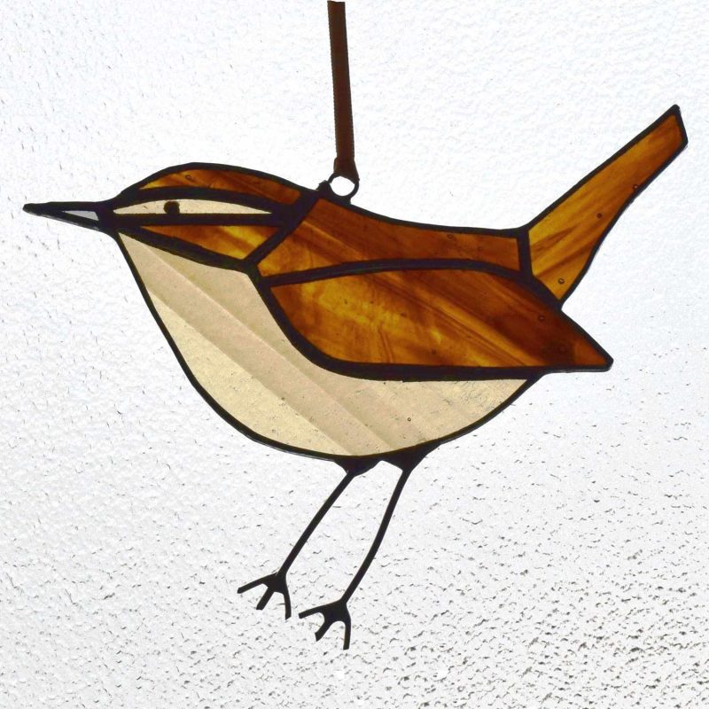 Handmade stained glass hanging of a wren