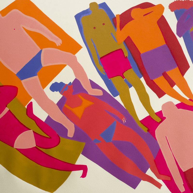 A colourful linocut print of a group of people sunbathing