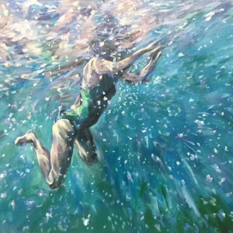 Underwater depiction of a bather in acrylics on board