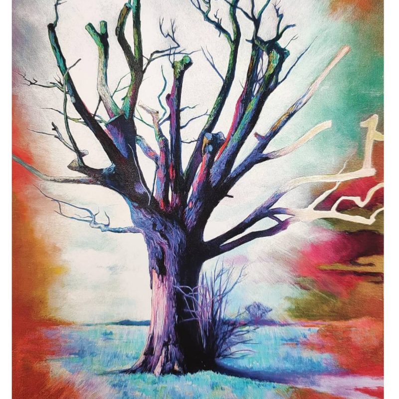 Acrylic painting of a tree on canvas with a brown frame