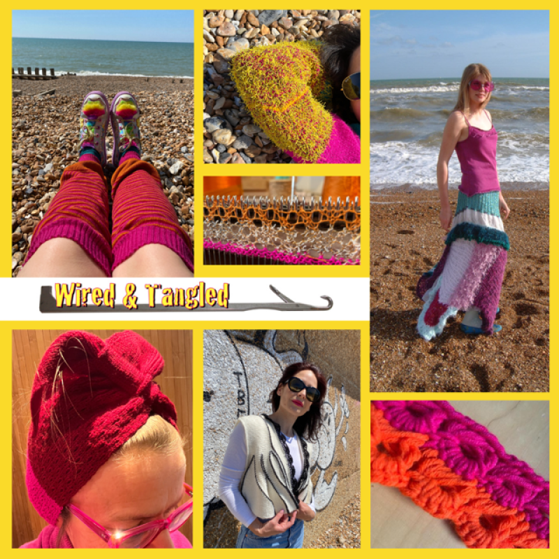 Handmade knitwear and crocheted clothing, accessories and chunky wirework jewellery, colourful and unique