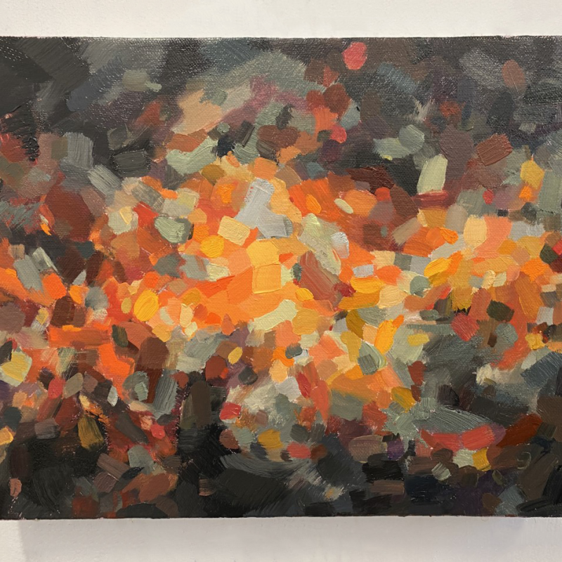 Oil painting made up of dabs and sweeps of colour in oranges, reds and browns