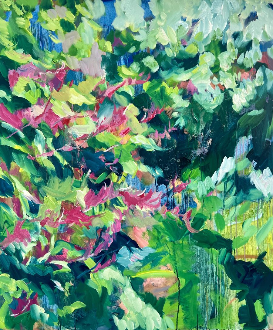Abstract landscape in greens, deep blue and pink. Oil on canvas, 150 cm x 120 cm 
