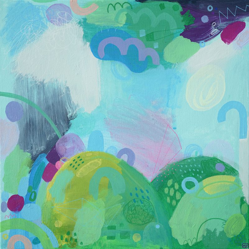 An abstract, intuitive landscape in rich greens, blues and pinks with expressive brush strokes and mark-making