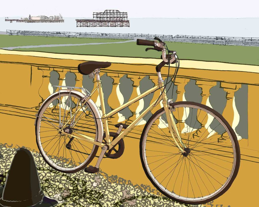This art print by Brighton artist alej ez, depicts a beautiful yellow old bicycle that leans on the Italianate balustrade at the end of Adelaide Crescent by Hove Lawns at Brighton Seafront. On the horizon at sea stand two Iconic landmarks: the remains of the West Pier and Brighton Palace Pier. Alej ez works from detailed ink drawings to which he applies colour digitally. 