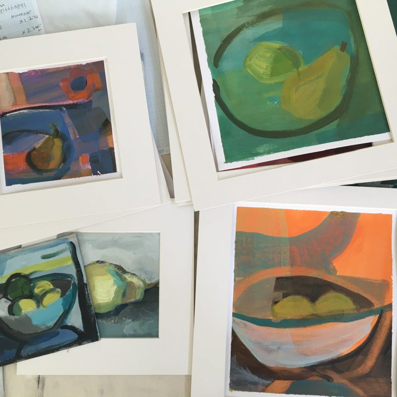 Selection of small paintings on paper, mounted in card frames