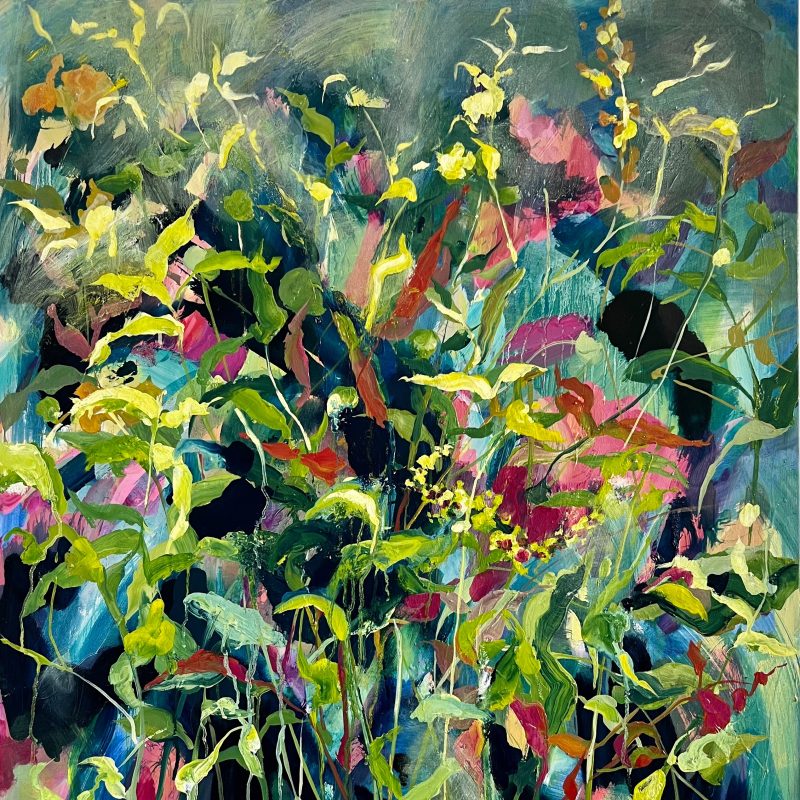 Nature inspired green and dark blue painting depicting wild plants