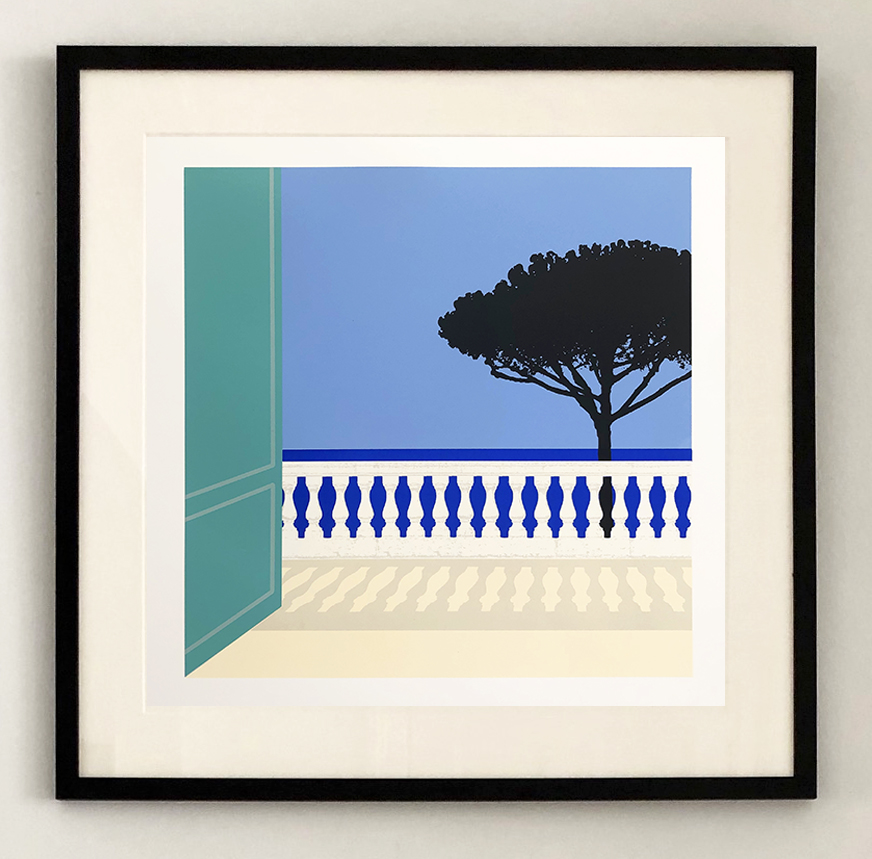 An original print showing blue sky, sea and a Mediterranean pine tree from a sunny terrace with balustrades