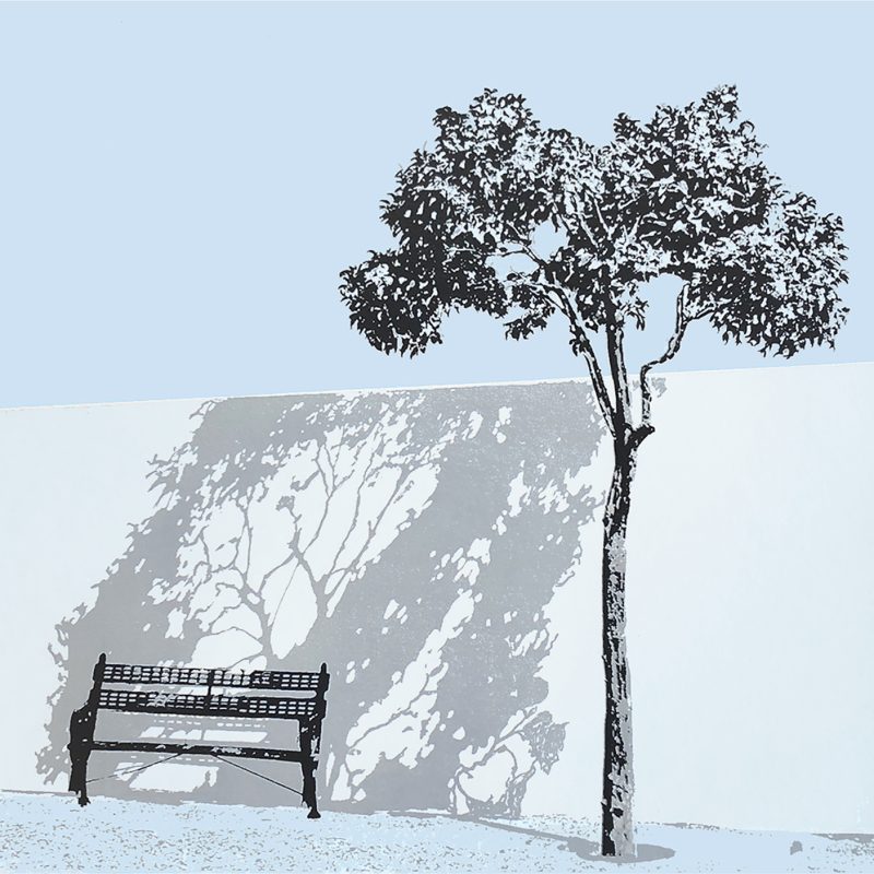 A screenprint showing a tree casting shadows over a bench and wall
