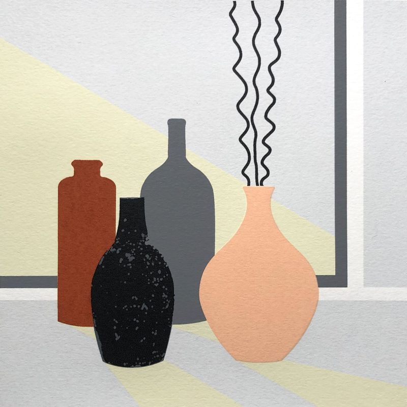 original print depicting a still life of four vases, in a clean contemporary style